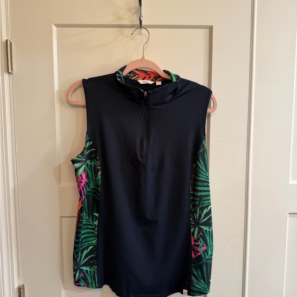 Lady Hagen Navy Tank Top with Green and Pink Tropical Accents - Picture 3 of 5
